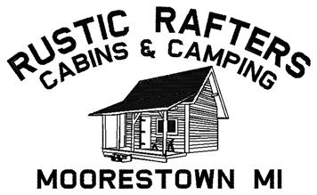 Logo for Rustic Rafters Cabins & Camping, featuring a line drawing of a cabin with a porch, and the text "Rustic Rafters Cabins & Camping, Moorestown MI" arranged around the image.